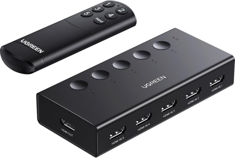 Read more about the article UGREEN HDMI Switch 5 in 1 Out 4K@60Hz, HDMI Splitter with Remote 5 Port Switcher Selector Box Support 3D CEC HDR HDCP2.2 Compatible with PS5/4/3 Xbox Nintendo Switch Roku TV Fire Stick Black