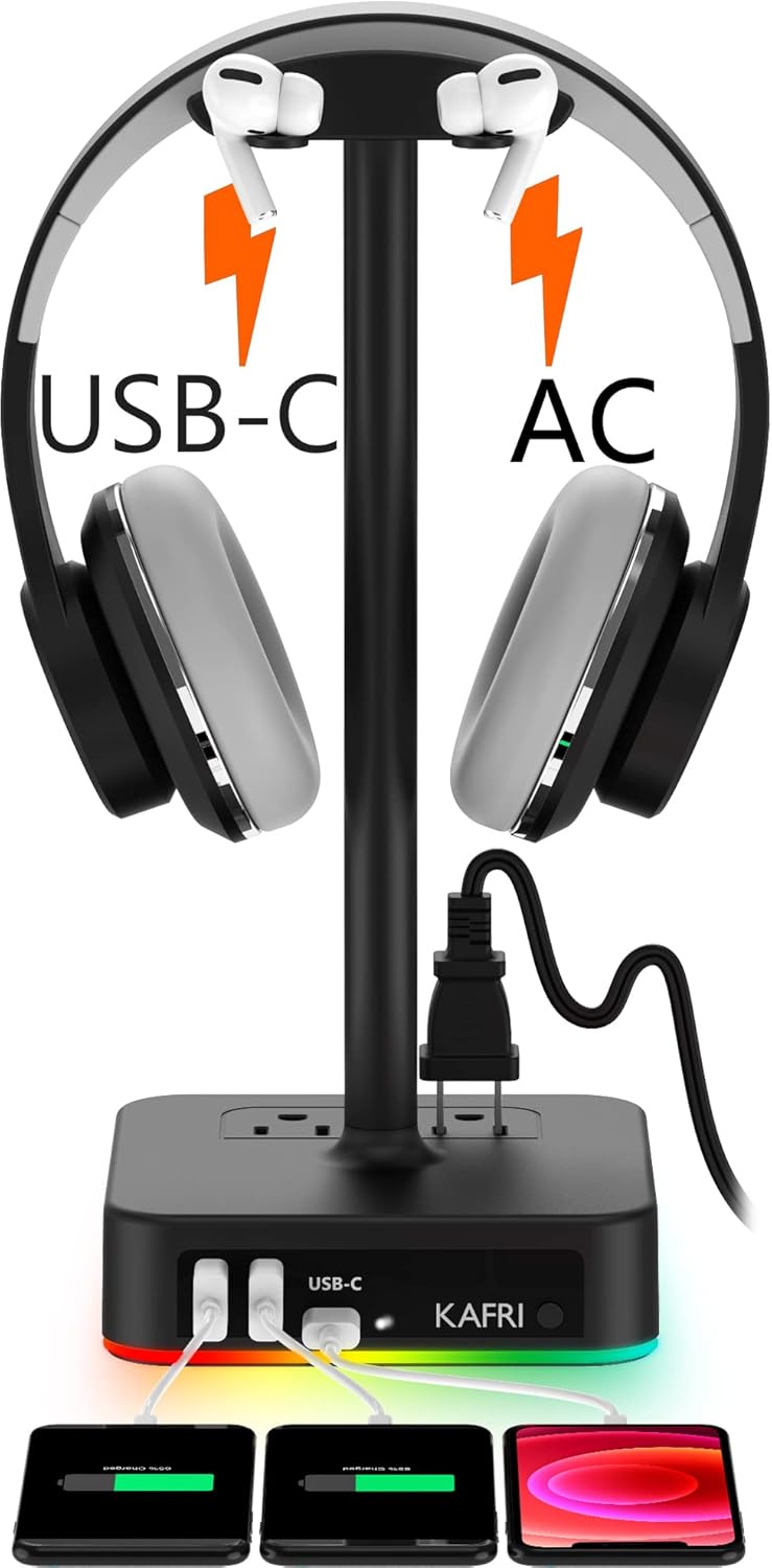 Read more about the article KAFRI RGB Headphone Stand with USB A&C Charger Desk Gaming Headset Holder Hanger Rack with 3 USB Charging Port and 2 Outlet – Suitable for Gamer Desktop Table Game Earphone Accessories Boyfriend Gifts