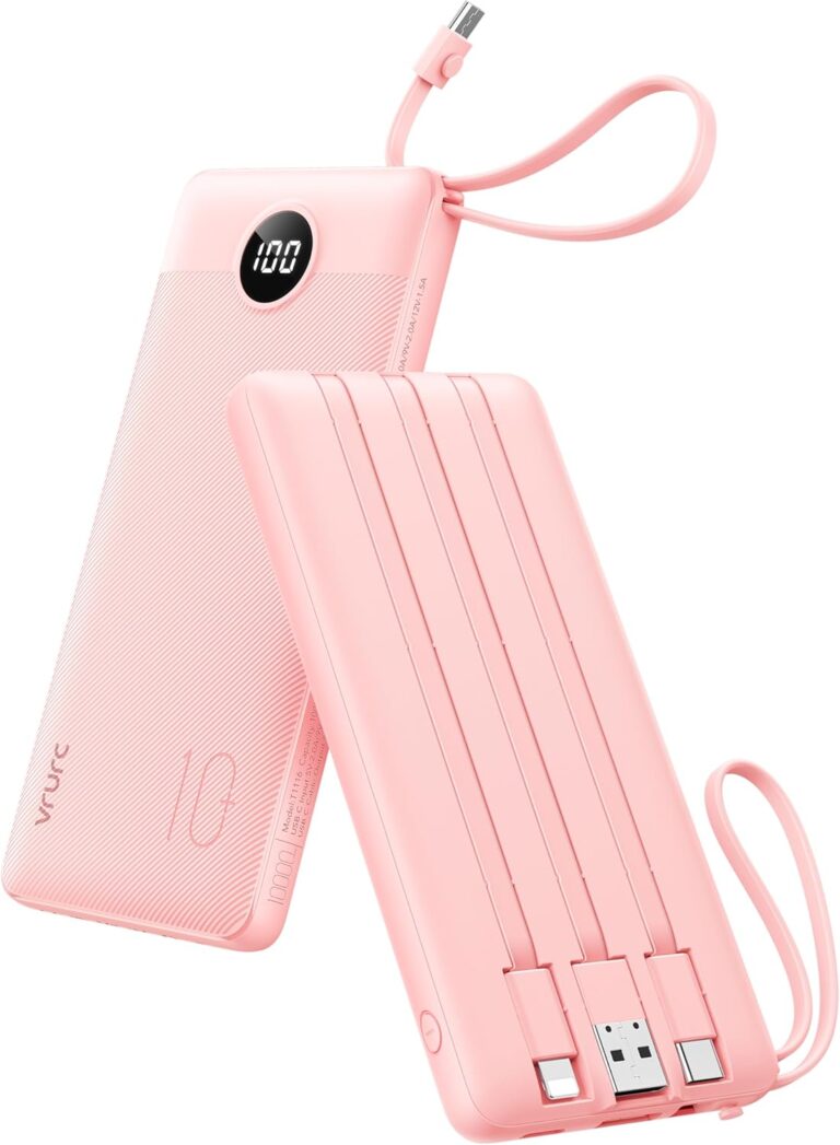 Read more about the article VRURC Portable Charger Power Bank, 10000mAh Travel Essentials Battery Pack, Compact Charging Bank Built-in Cables Cords Compatible with iPhone 17 Pro 17 16 15 14 13, Samsung Phones-Pink(1 Pack)