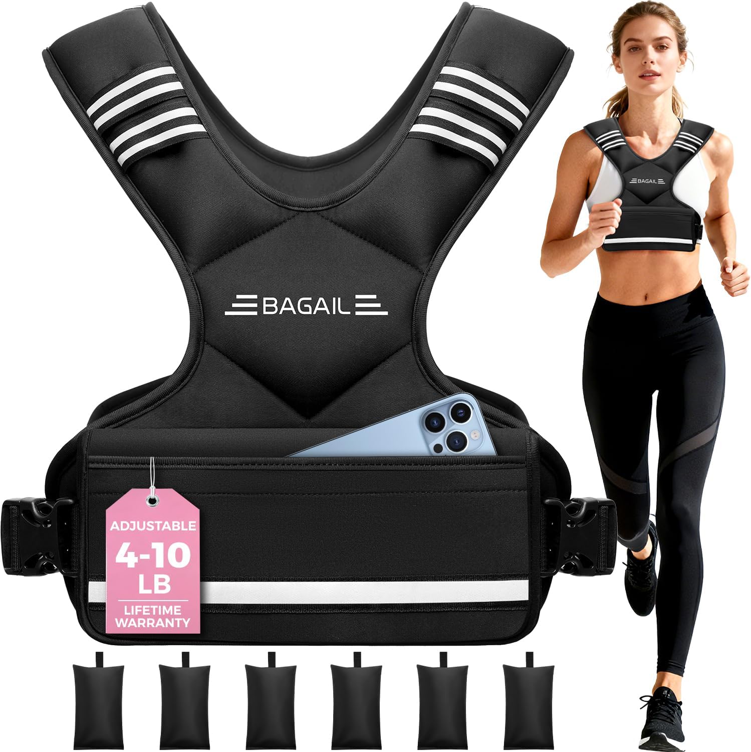Read more about the article BAGAIL Adjustable Weighted Vest 4-10lb/12-18lb/20-32lb, Comfortable X-Shape & U-Neck Weight Vest for Women and Men Walking with 6 Removable Weights, Large Pocket and Reflective Strips