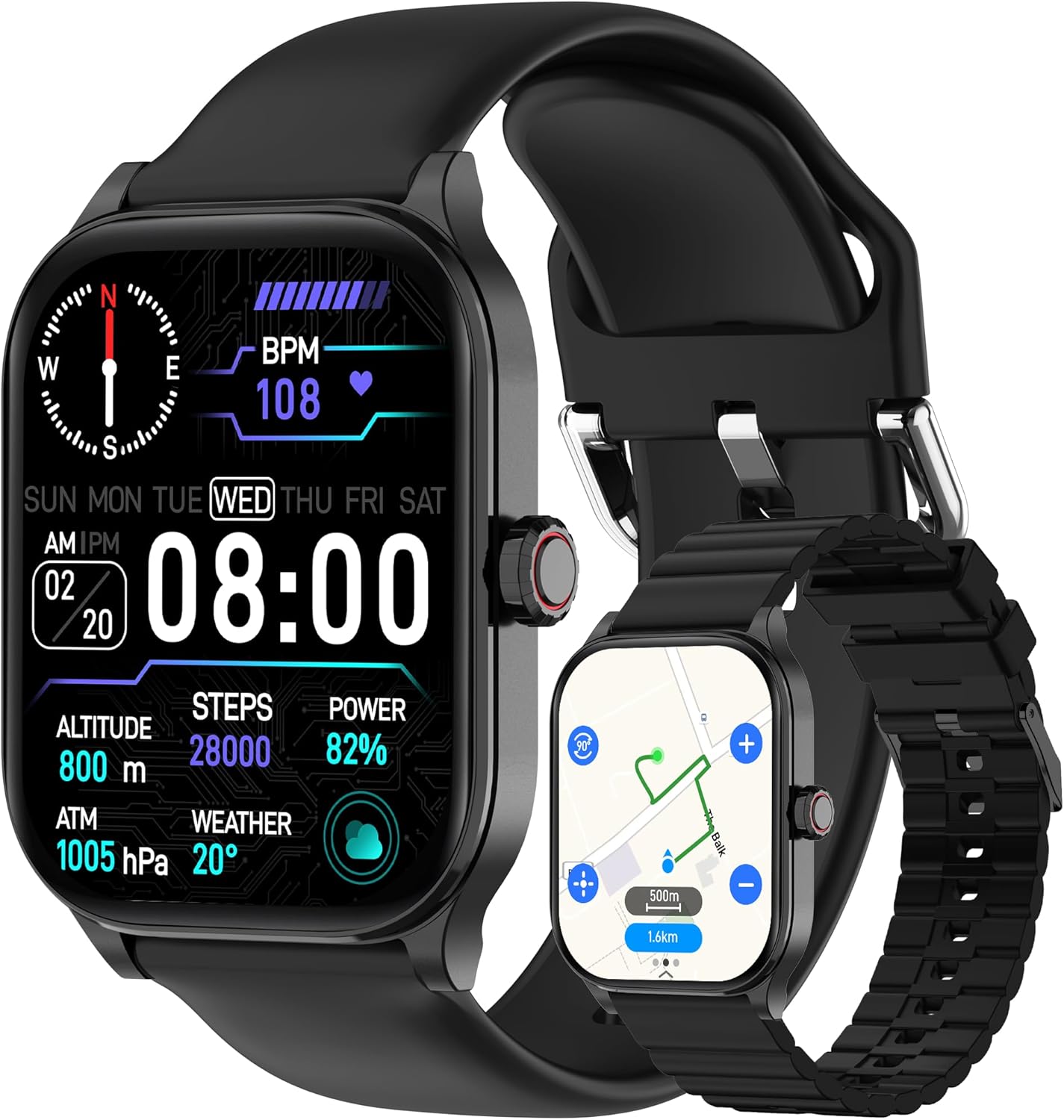 Read more about the article Smart Watch with Built-in GPS and Offline Maps, 1.96″ HD Display, Answer/Make Calls, 100+ Sport Modes, Heart Rate/Sleep/SpO2 Monitor, Fitness Activity Tracker for Android and iPhone, 2 Bands, Black