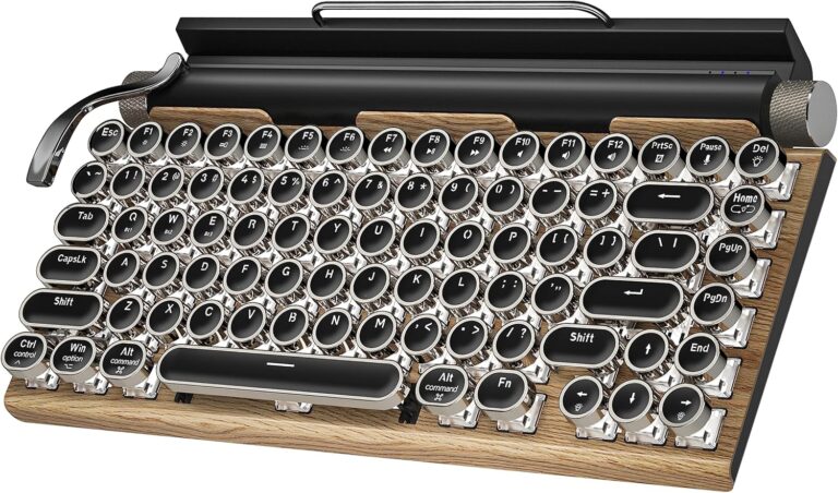 Read more about the article Retro Typewriter Wireless Mechanical Gaming Keyboard, Bluetooth 5.0 Office Computer Vintage Keyboards 83-Key Blue Switches Punk Round Keycap, LED Backlight, Compatible with PC/Laptop/Pad/Phone, Wood