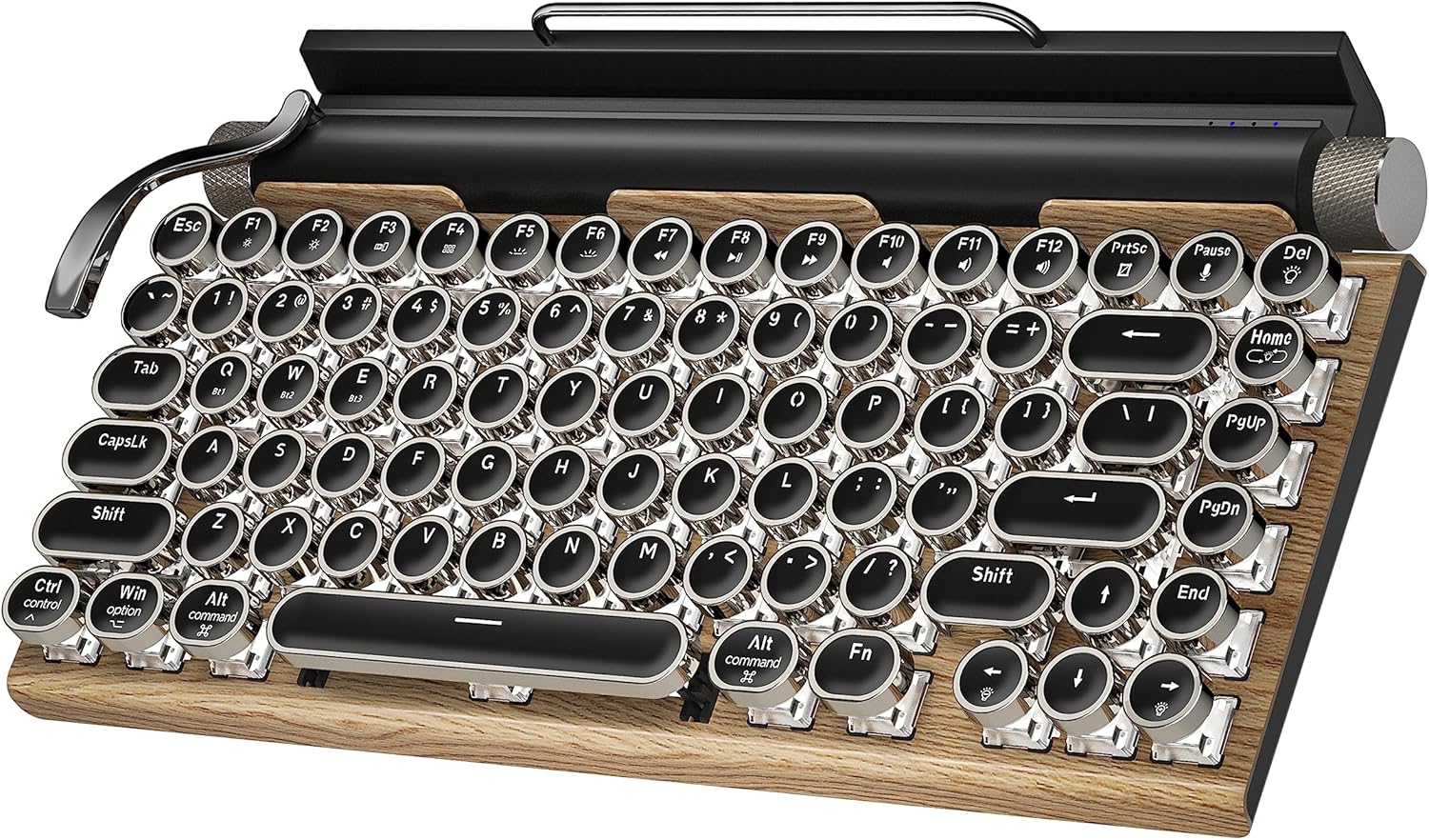 Read more about the article Retro Typewriter Wireless Mechanical Gaming Keyboard, Bluetooth 5.0 Office Computer Vintage Keyboards 83-Key Blue Switches Punk Round Keycap, LED Backlight, Compatible with PC/Laptop/Pad/Phone, Wood