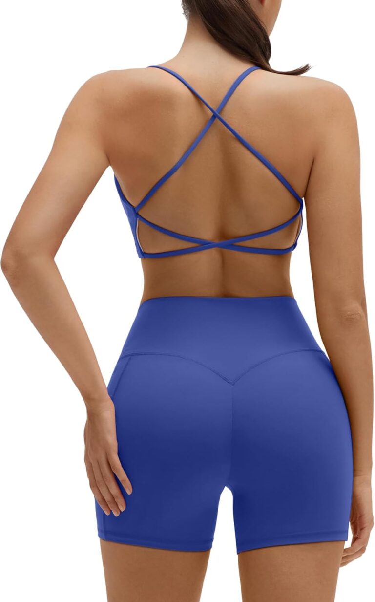 Read more about the article SUUKSESS Women 2 Piece Workout Sets Strappy Sports Bra High Waist Biker Shorts with Pockets