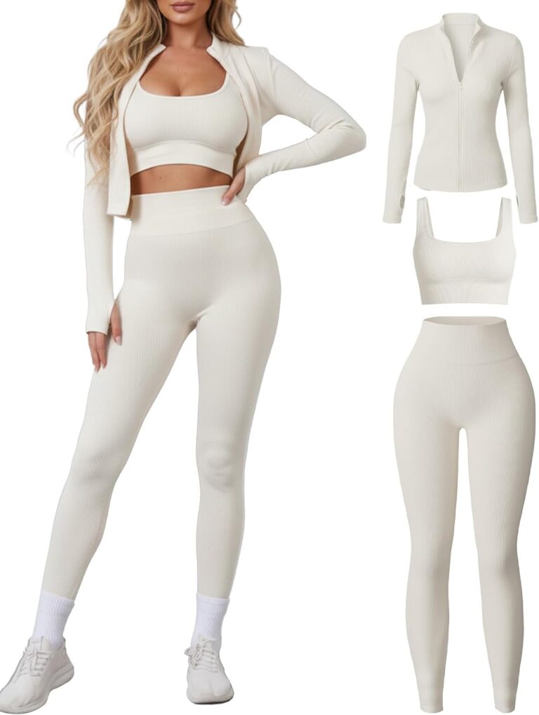 Read more about the article Women 3 Piece Seamless Workout Set Sports Bra High Waisted Gym Yoga Leggings Zip Up Jacket with Thumbhole Activewear