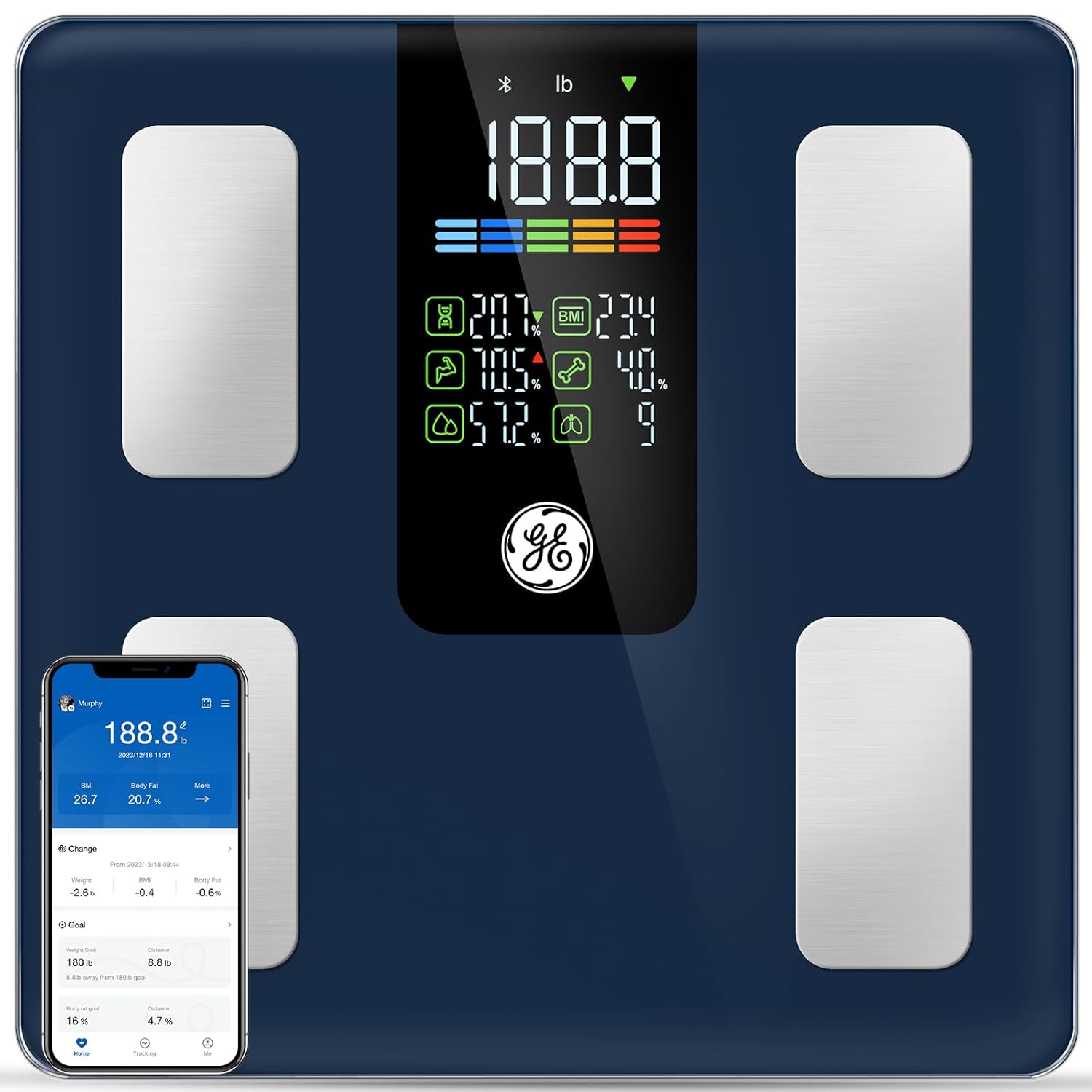 Read more about the article GE Smart Scale for Body Weight, BMI, Fat, Muscle Mass, Digital Bathroom Scales 500lbs Bluetooth 11.8″ Large Platform Weighing Machine Health Monitor with App, Dark Blue