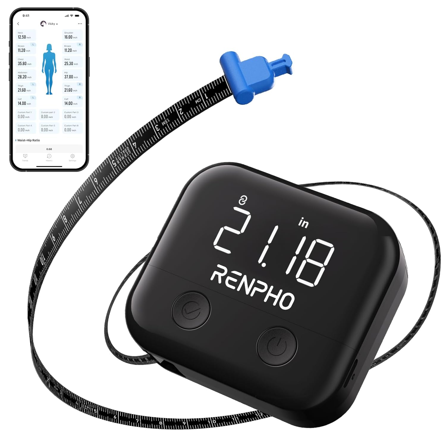 Read more about the article RENPHO Smart Body Measuring Tape, Rechargeable Tape Measure with LED Display, Measuring Tape for Body Measurements with App for Weight Loss & Fitness Shape, Retractable, 60in /150cm, Black