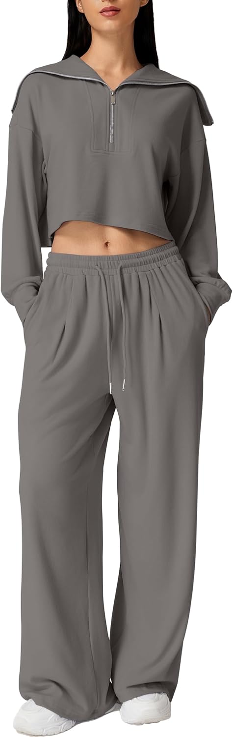 Read more about the article QINSEN Women Cozy 2 Piece Lounge Matching Set Wide Leg Sweatpants Half Zip Crop Sweatshirt Outfits
