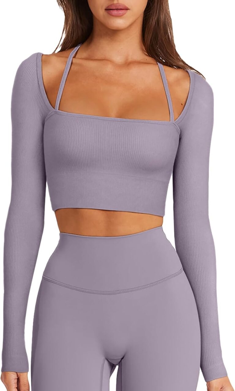 Read more about the article LASLULU Womens Sexy Square Neck Crop Top Ribbed Seamless Long Sleeve Workout Tops Halter Neck Athletic Yoga