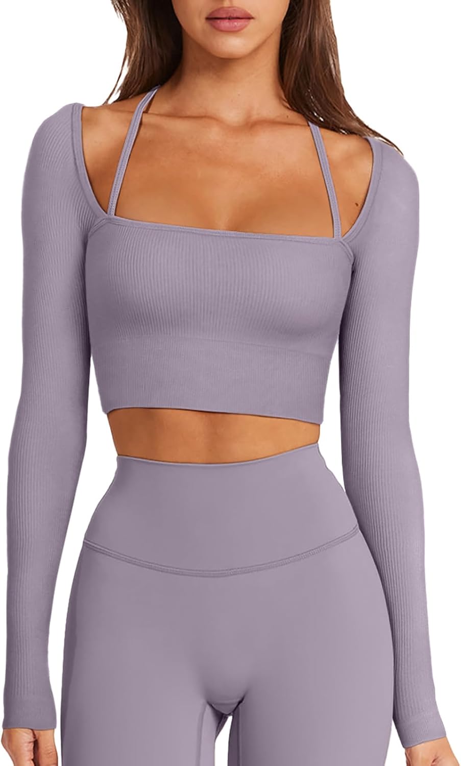 Read more about the article LASLULU Womens Sexy Square Neck Crop Top Ribbed Seamless Long Sleeve Workout Tops Halter Neck Athletic Yoga