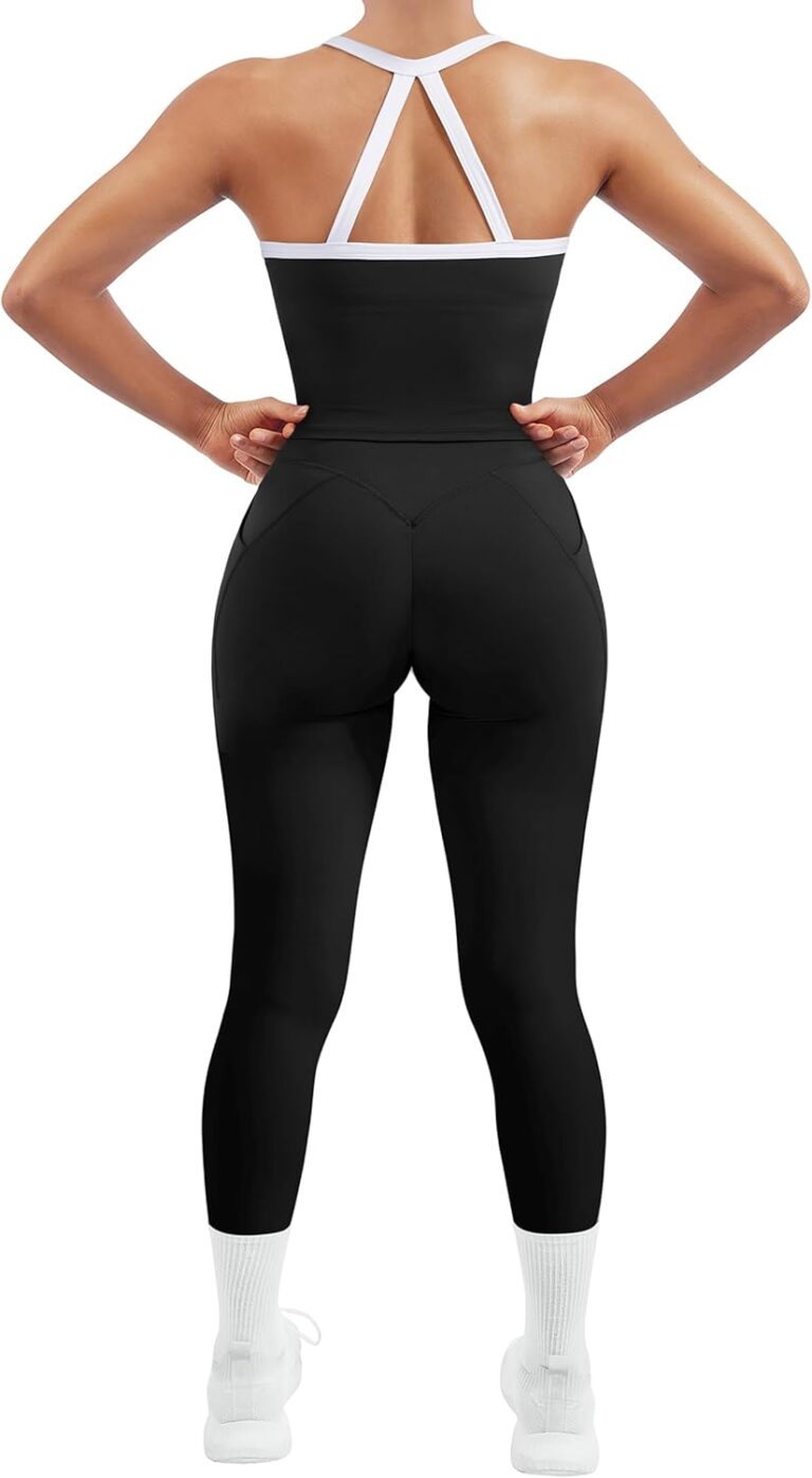 Read more about the article SUUKSESS Women 2 Piece Workout Sets Compression Tummy Control Leggings with Pockets Halter Built in Bra Tank Tops