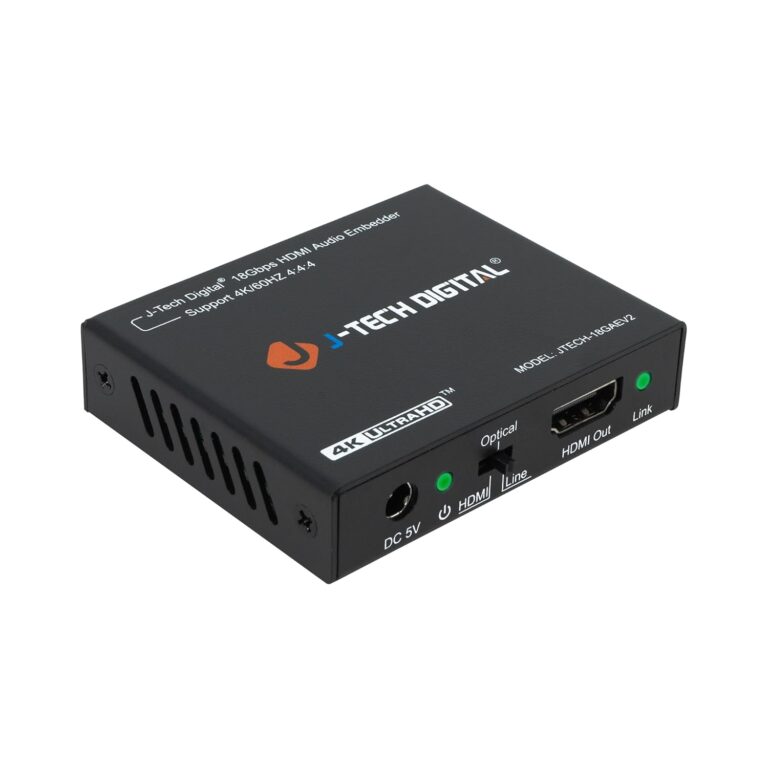 Read more about the article J-Tech Digital 18Gbps Digital/Analog Audio HDMI Embedder Inserter Support 4K@60Hz 4:4:4 HDR CEC HDCP2.2/1.4 with TOSLINK Optical 3.5mm Audio Input Options [JTECH-18GAEV2]