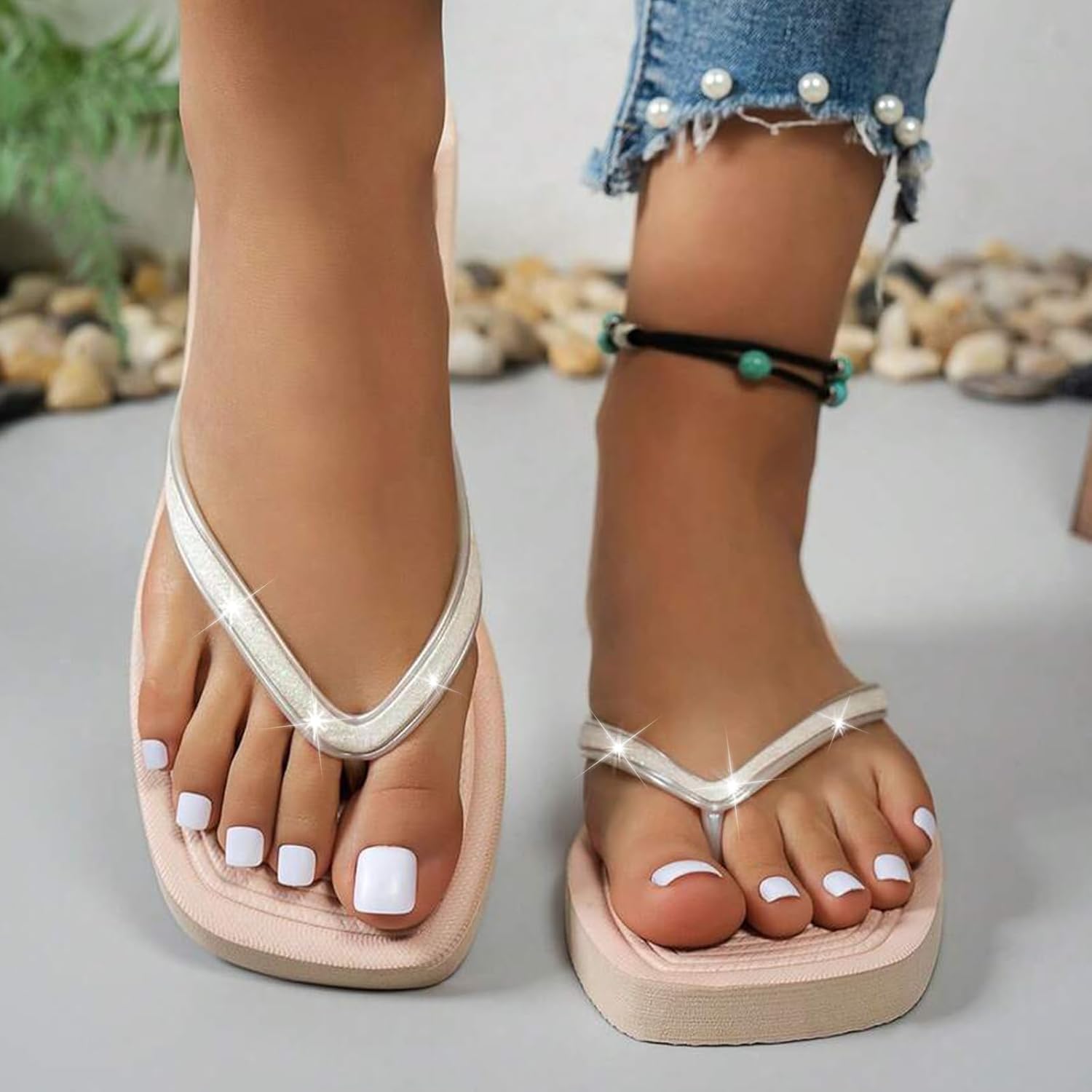 Read more about the article Women’s Square Toe Flip Flops, Classic Minimalist Sandals – Yoga Mat Insole Thong Sandals for Indoor & Outdoor Shower Use, Beige