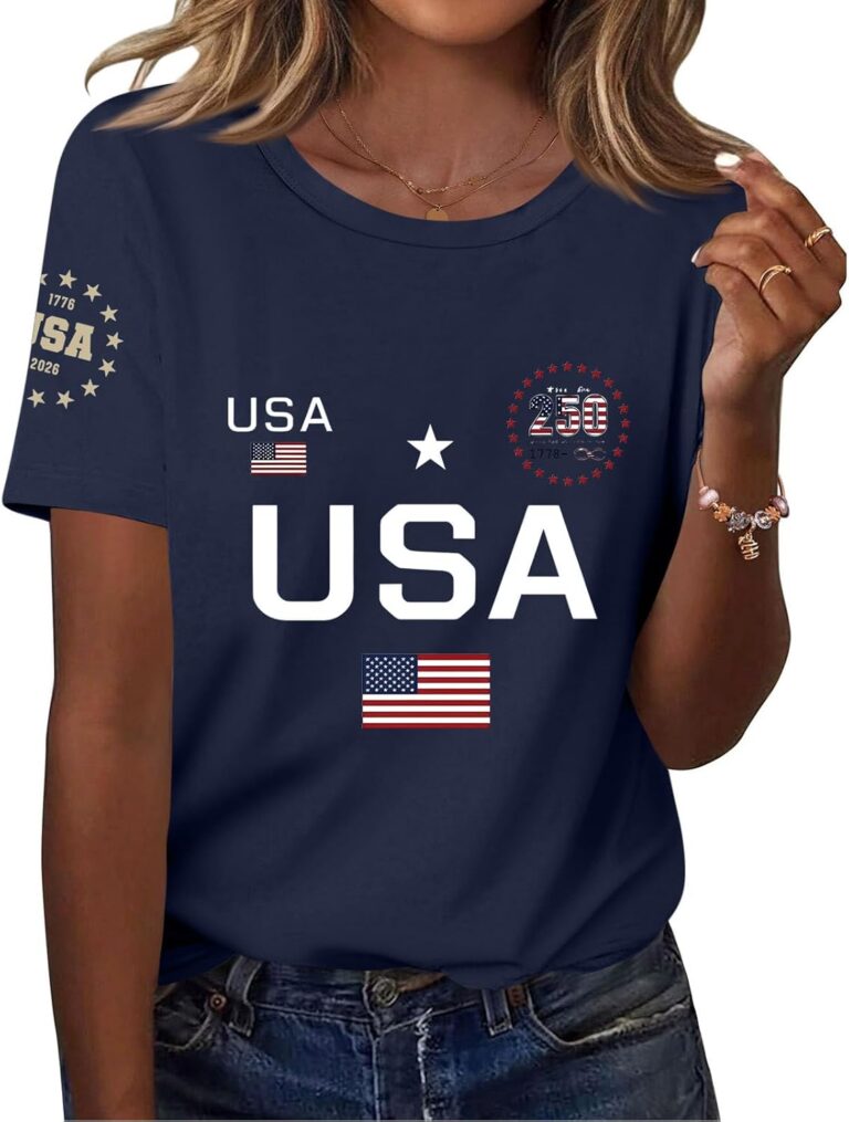Read more about the article Short Sleeve 250th Anniversary USA Shirts for Womens American Flag 4th of July Shirt 250 Years Patriotic Tops