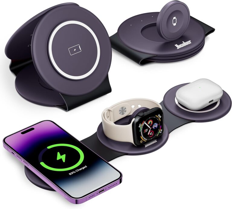 Read more about the article Hicober 3 in 1 Charging Station for Apple Multiple Devices, Foldable Travel Wireless Charger 18W for iPhone Air 17 16 15 14 13 Pro Max Plus &Apple Watch Series/Airpods Purple