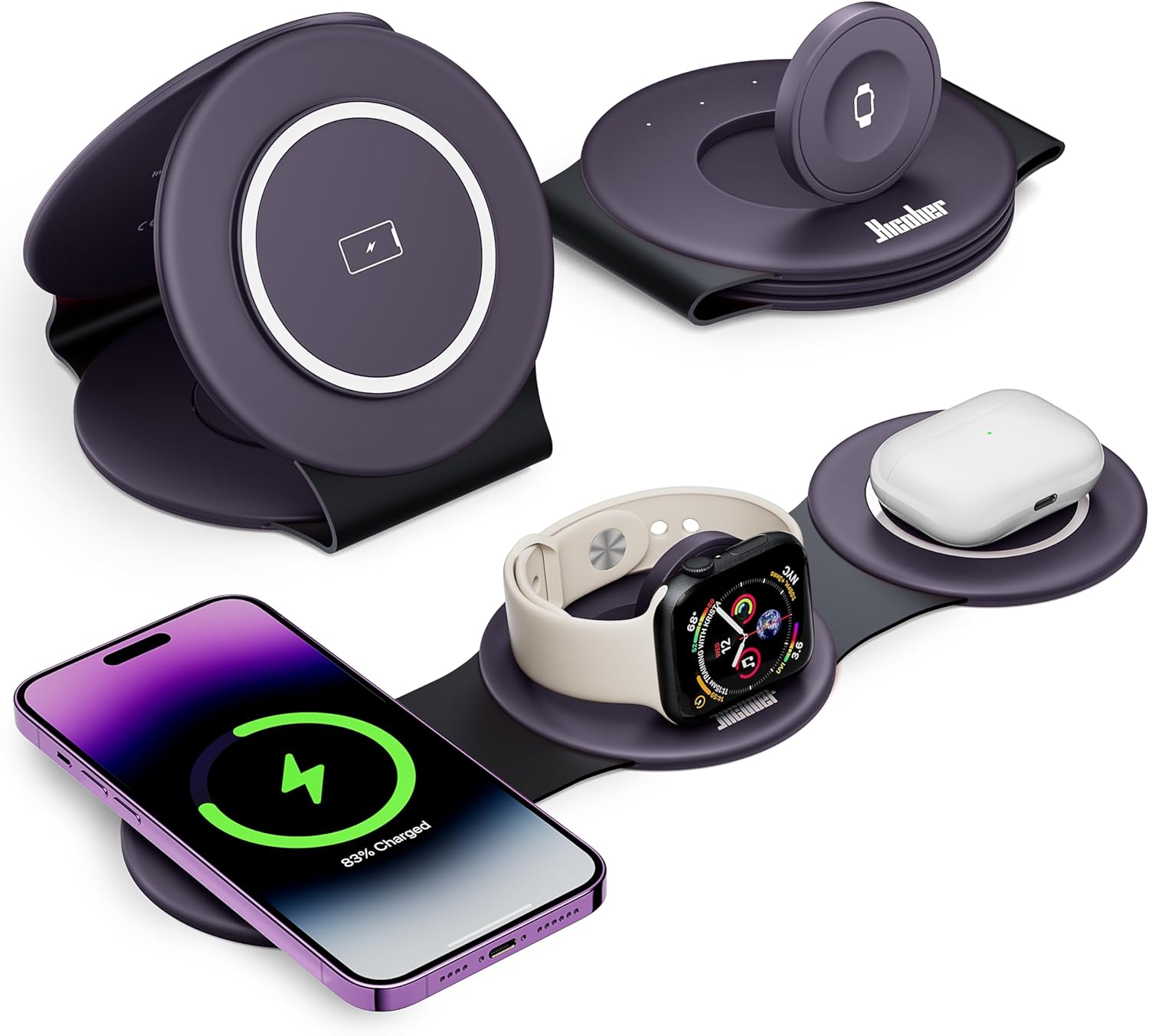 Read more about the article Hicober 3 in 1 Charging Station for Apple Multiple Devices, Foldable Travel Wireless Charger 18W for iPhone Air 17 16 15 14 13 Pro Max Plus &Apple Watch Series/Airpods Purple