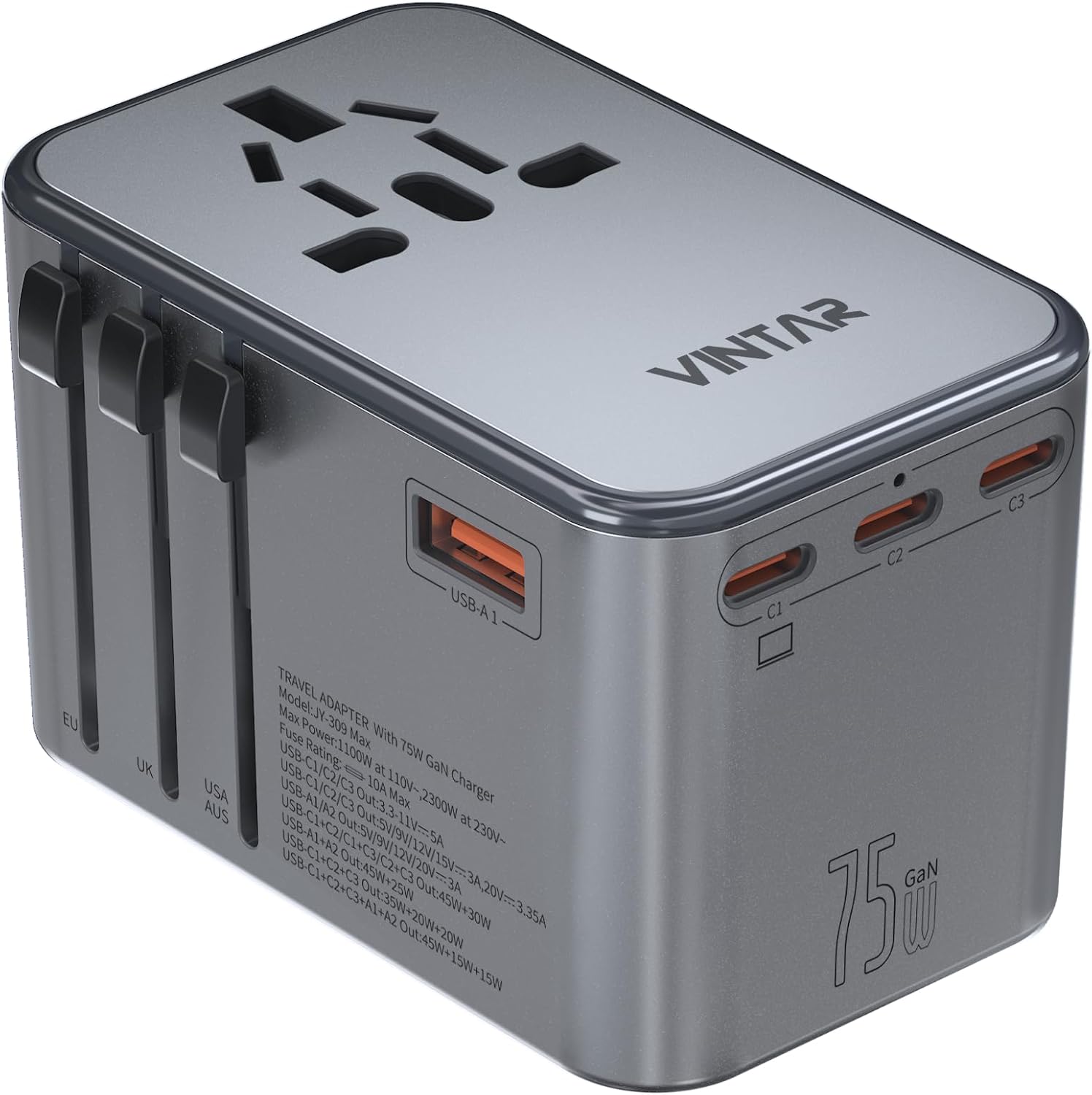 Read more about the article Universal Travel Adapter, VINTAR 75W GaN International Power Adapter with 3 USB-C PD and 2 USB-A QC Charging Ports, All-in-one Outlet Converter Wall Charger for Europe UK USA AUS(Type C/G/A/I), Grey