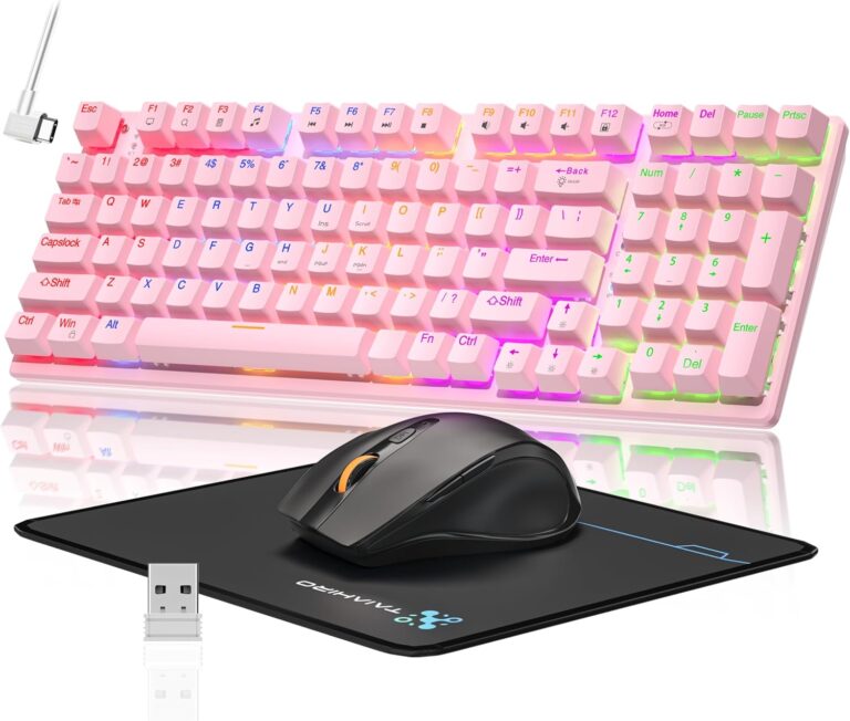 Read more about the article Wireless Mechanical Gaming Keyboard and Mouse Combo, 98 Keys RGB Backlit Rechargeable 2000mAh Battery, 3-Mode BT5.0/2.4G/USB-C (Pink)