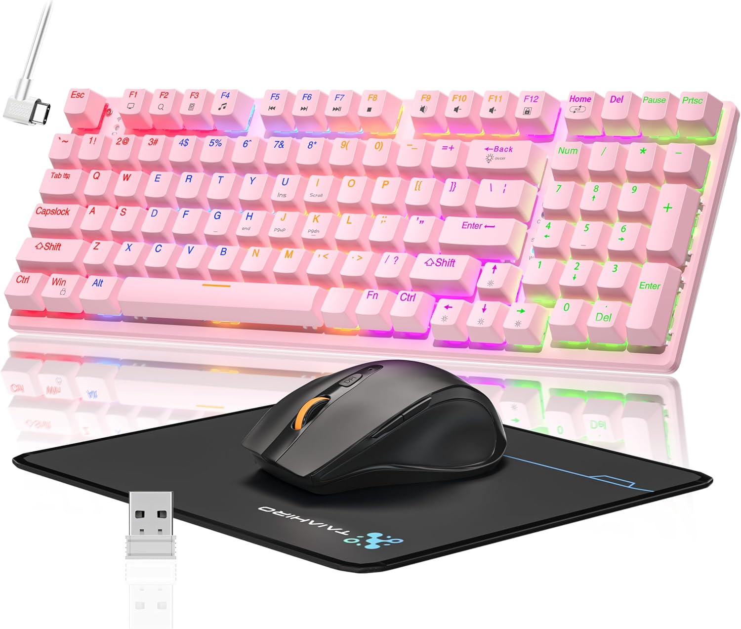 Read more about the article Wireless Mechanical Gaming Keyboard and Mouse Combo, 98 Keys RGB Backlit Rechargeable 2000mAh Battery, 3-Mode BT5.0/2.4G/USB-C (Pink)