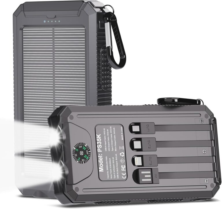 Read more about the article Power Bank Solar Charger 20,000mAh, Portable Phone Charger, 4 Cables Outdoor Waterproof External Backup Power Charger with USB-C for Cell Phones, Solar Battery Pack with Dual Flashlight for Camping