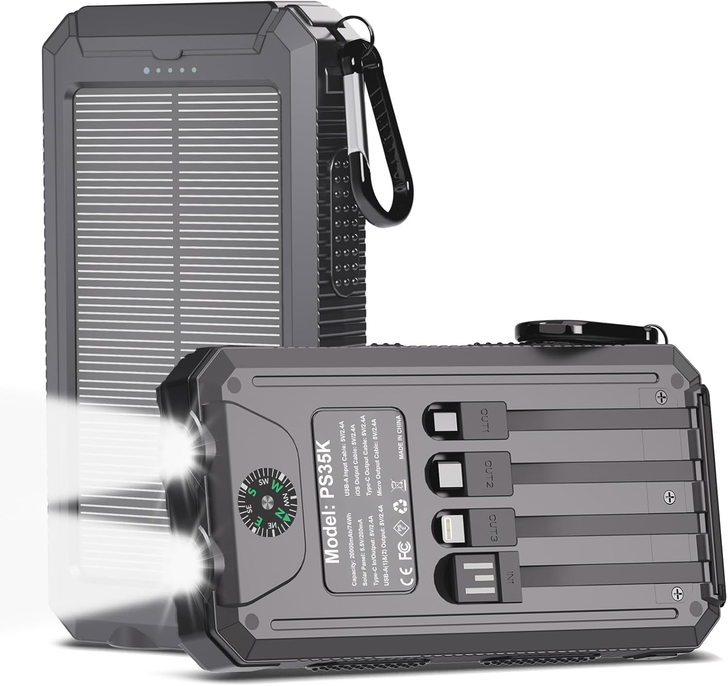 Read more about the article Power Bank Solar Charger 20,000mAh, Portable Phone Charger, 4 Cables Outdoor Waterproof External Backup Power Charger with USB-C for Cell Phones, Solar Battery Pack with Dual Flashlight for Camping