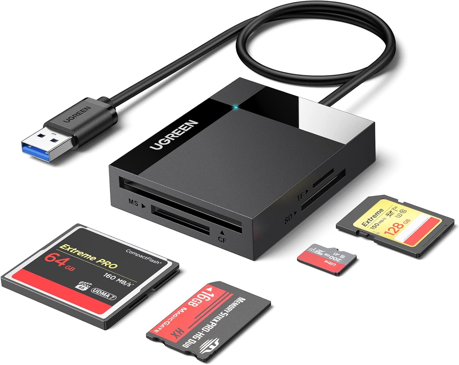 Read more about the article UGREEN SD Card Reader USB 3.0 Card Hub Adapter 5Gbps Read 4 Cards Simultaneously CF, CFI, TF, SDXC, SDHC, SD, MMC, Micro SDXC, Micro SD, Micro SDHC, MS, UHS-I (Black)