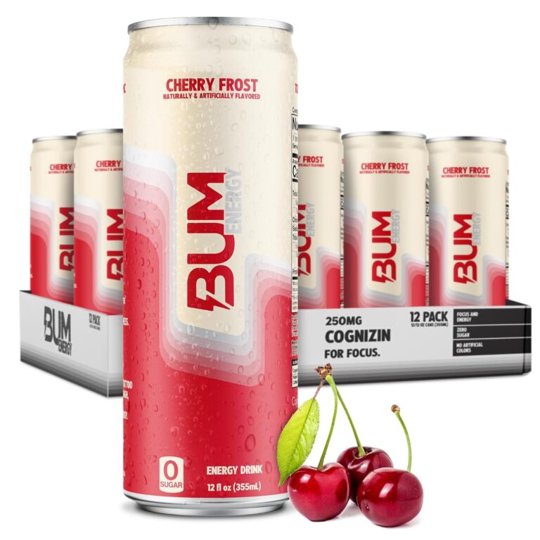 Read more about the article BUM Sugar-Free Energy Drink, Cherry Frost – Lightly Carbonated & No Artificial Colors, Natural Caffeine & Citicoline for Energy & Focus, Brain Boost & Workout Sports Beverage – 12 oz, Pack of 12