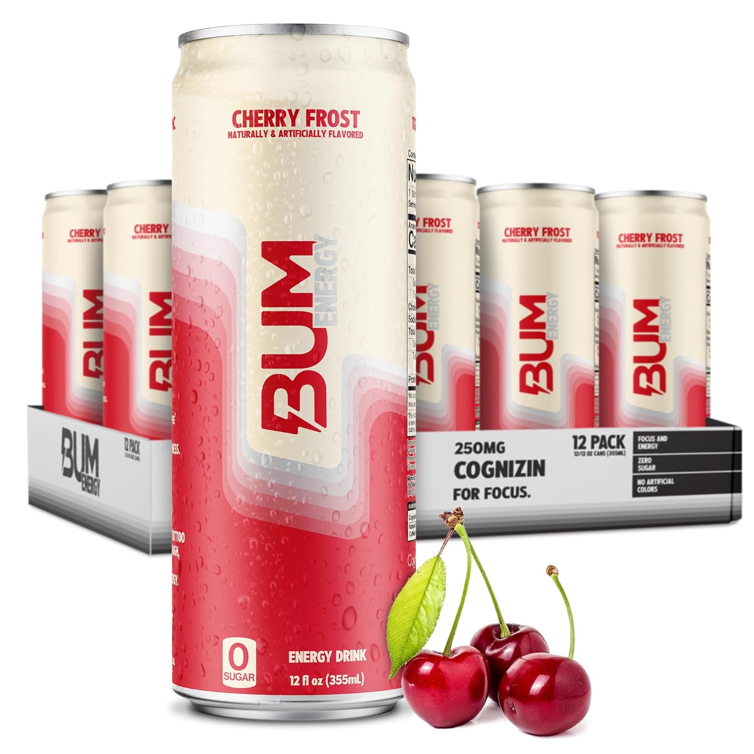Read more about the article BUM Sugar-Free Energy Drink, Cherry Frost – Lightly Carbonated & No Artificial Colors, Natural Caffeine & Citicoline for Energy & Focus, Brain Boost & Workout Sports Beverage – 12 oz, Pack of 12