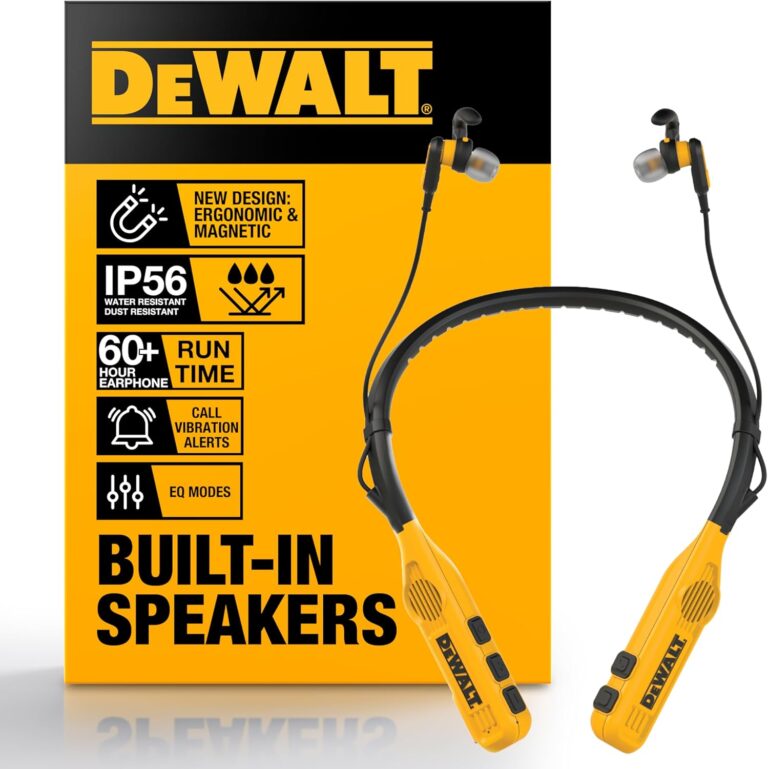 Read more about the article DEWALT Heavy Duty 2-in-1 Neckband Bluetooth Headphones w/Built-in Speakers, Jobsite Wearable Speaker & Around Neck Headphones, Wireless Bluetooth Headset, 60+ Hrs Hands-Free Music/Calls, Carry Pouch