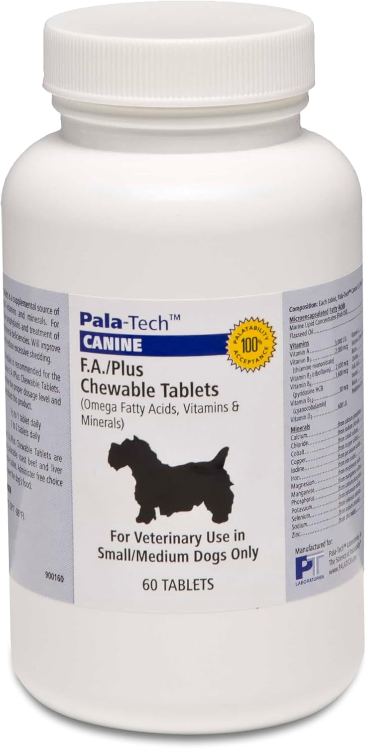 Read more about the article Pala-Tech FA Plus Chew Tabs for Small Dogs – Supports Skin, Coat & Allergy Relief – Dog Vitamins and Supplements with Omega-3 & 6 Fatty Acids – 60 Ct, Roast Beef Flavor