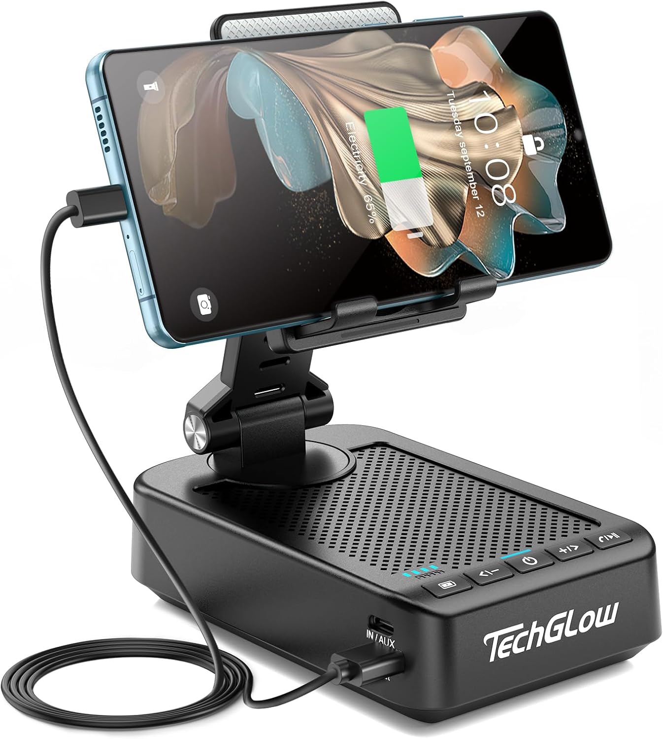 Read more about the article TechGlow Foldable Cellphone Stand with Bluetooth Speaker Charging Function 360° Rotatable Phone Stand Birthday Gifts for Men Women Mother Father Cool Tech Gadgets
