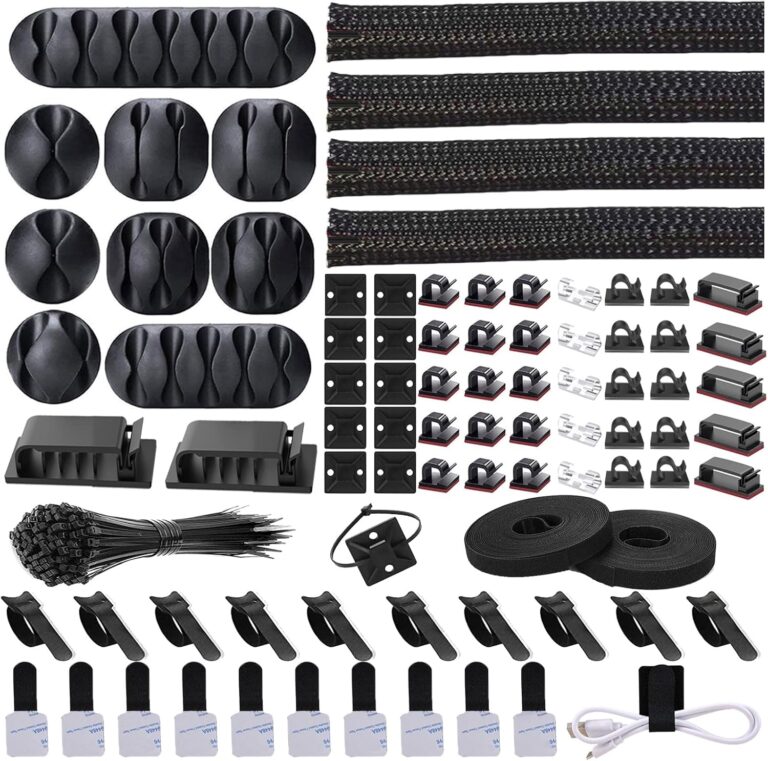 Read more about the article Cord Management Organizer Kit 4 Cable Sleeve split with 41Self Adhesive Cable Clips Holder, 10pcs and 2 Roll Self Adhesive tie and 100 Fastening Cable Ties for TV Office Car Desk Home