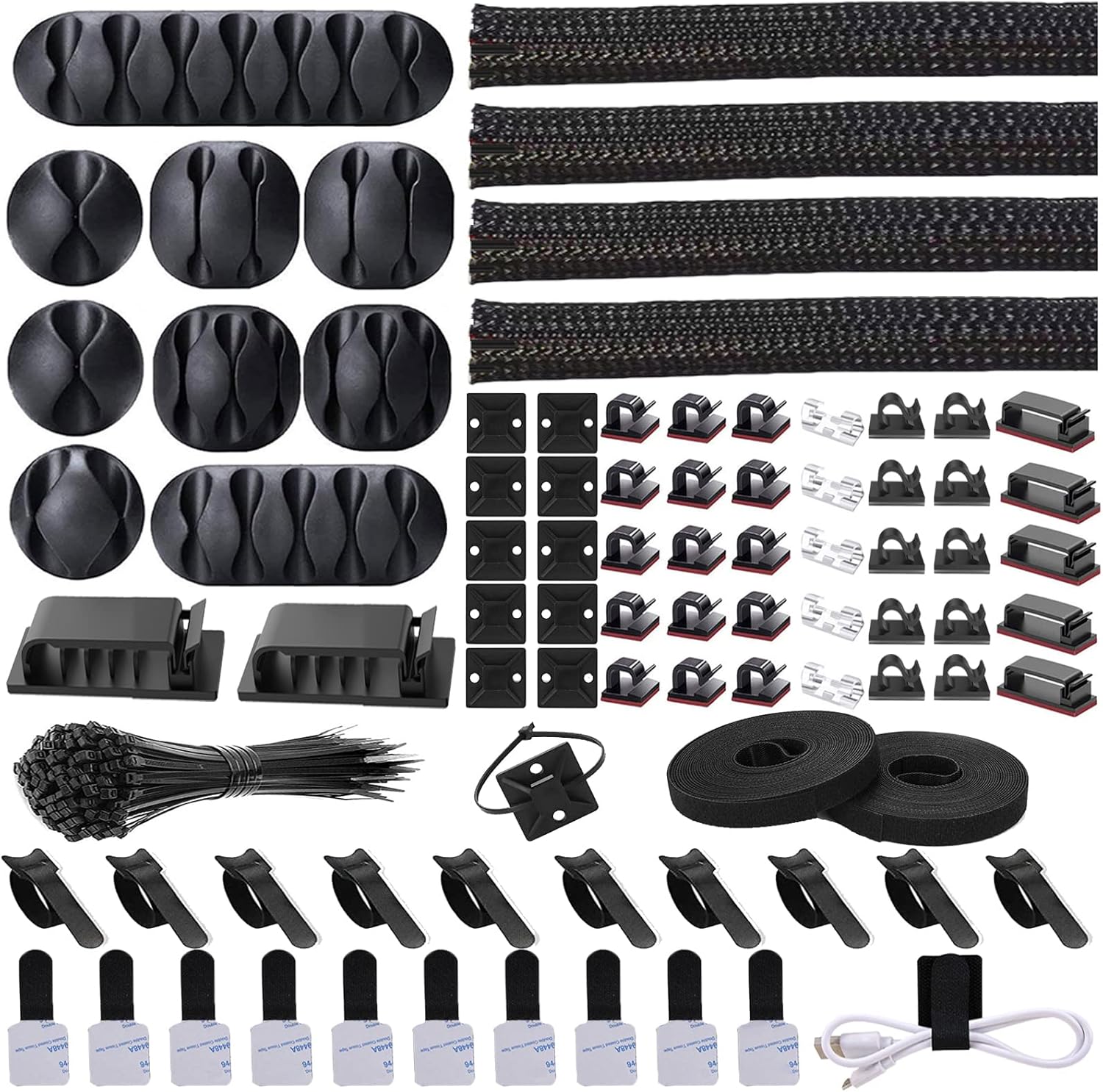 Read more about the article Cord Management Organizer Kit 4 Cable Sleeve split with 41Self Adhesive Cable Clips Holder, 10pcs and 2 Roll Self Adhesive tie and 100 Fastening Cable Ties for TV Office Car Desk Home