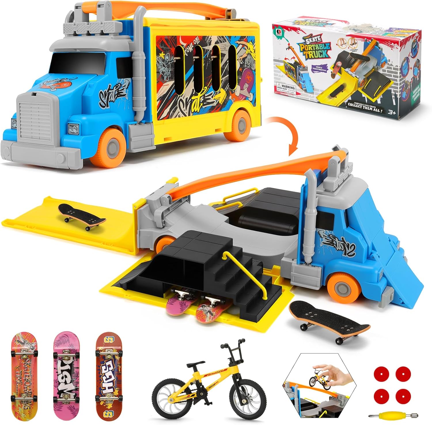 Read more about the article KETIEE Finger Skateboard Park Set: 2-in-1 Transforming Truck Toy for Kids, Foldable Fingerboard Ramp Kit with 3 Skateboards, 1 Mini Bicycle & Storage, Tech Skatepark Deck Toy Gifts for Boys Girls 3+