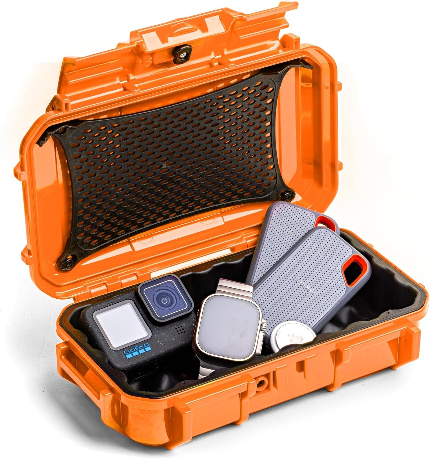 Read more about the article Evergreen Dry Box Tech Organizer – For Camera, Cables, Hard Drives, Memory Cards, Keys, Compatible with GoPro, Airtags (Medium, Rubber Boot, Orange)