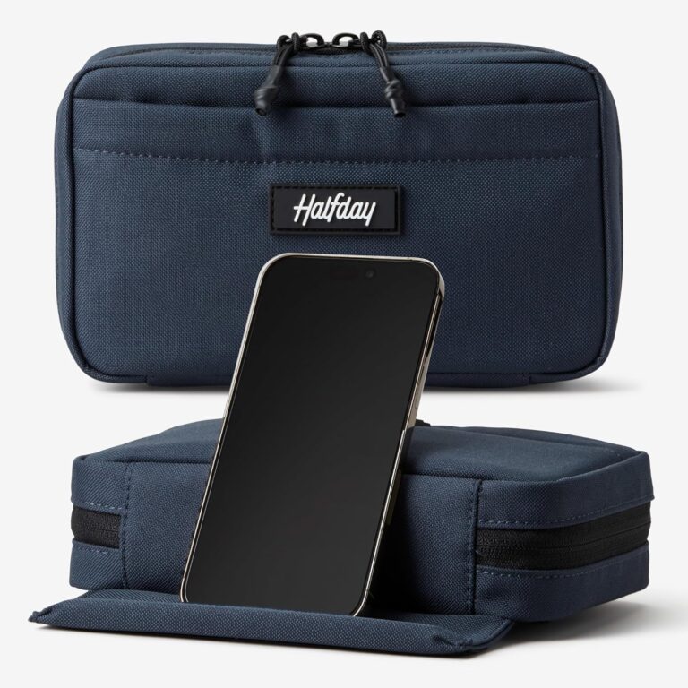 Read more about the article Halfday Sidekick Tech Organizer Kit | Flip-Out Kickstand for Phone/Tablet, Zip-Flat Pouch with Power Mesh & Elastic for Cable & Charger (Splash-Resistant Travel Electronics Accessories Case), Marine