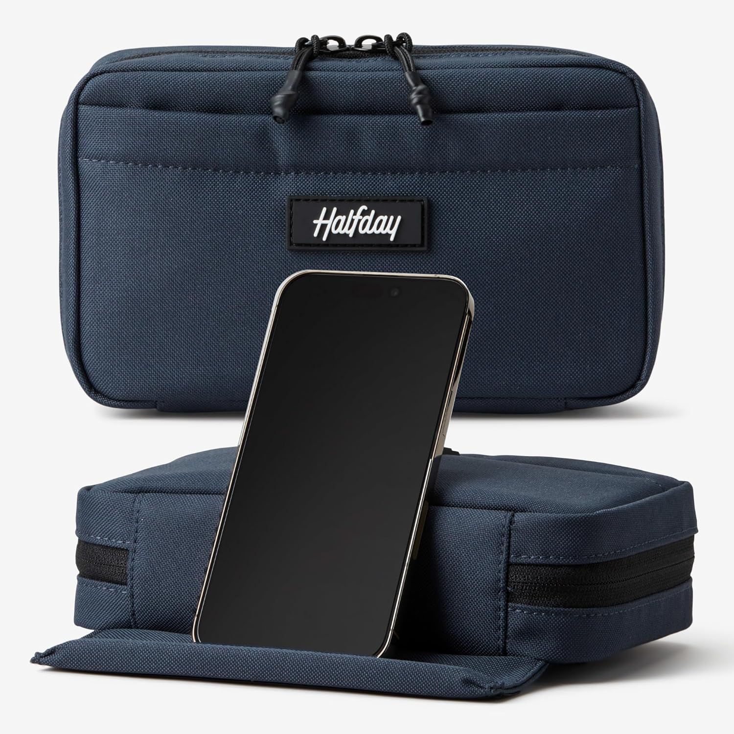 Read more about the article Halfday Sidekick Tech Organizer Kit | Flip-Out Kickstand for Phone/Tablet, Zip-Flat Pouch with Power Mesh & Elastic for Cable & Charger (Splash-Resistant Travel Electronics Accessories Case), Marine
