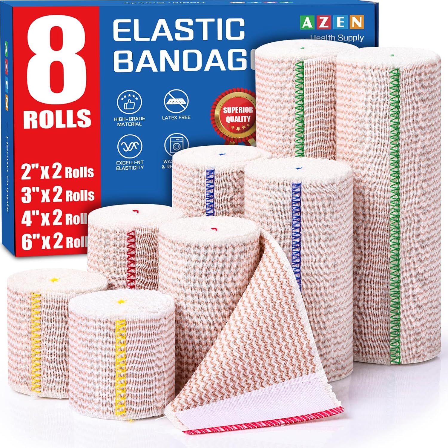 Read more about the article AZEN Premium 8 Pack Elastic Bandage Wrap (2×2″, 2×3″, 2×4″, 2×6″), Compression Wrap Bandage for Legs, Ankle, Knee, Tummy, Body, Latex-Free, Lymphedema Wraps for Legs