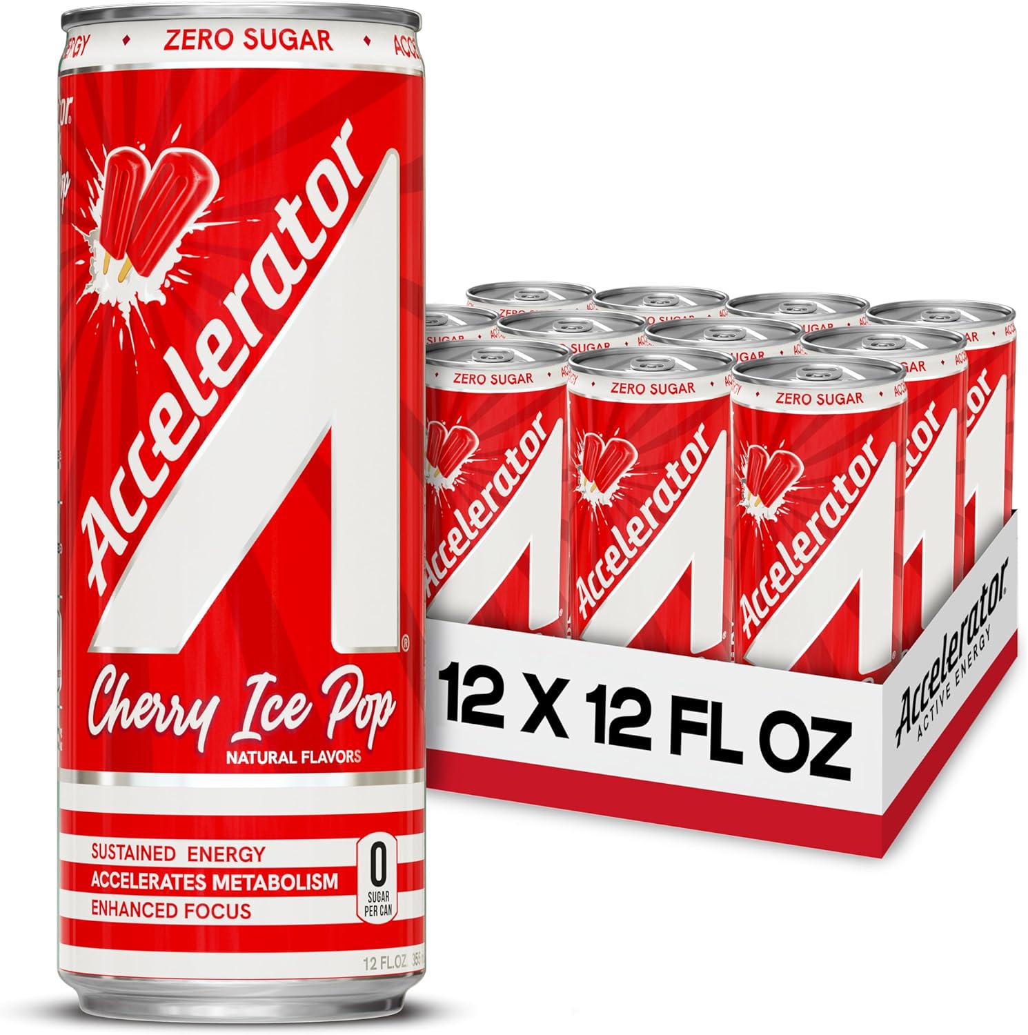 Read more about the article Accelerator Energy Drink, Cherry Ice Pop 12oz can (12 pack), Zero Sugar, Sustained Energy from 100% Natural Caffeine (200mg from Green Coffee Bean & Green Tea extract)