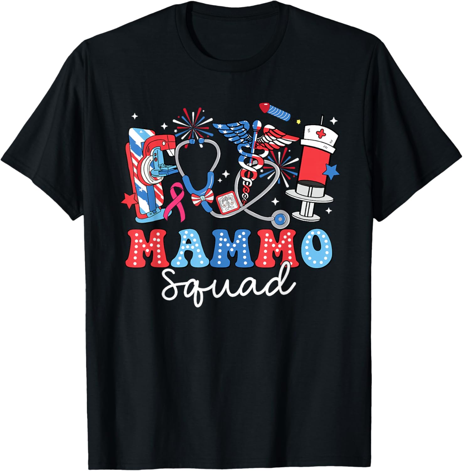 Read more about the article Groovy Mammo Squad Mammo Tech USA Flag Fireworks 4th Of July Women Men T-Shirt