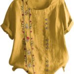 Linen Shirts for Women 2025 Summer Vintage Solid Color Short Sleeve Casual Oversized Round Neck Floral Graphic Tees