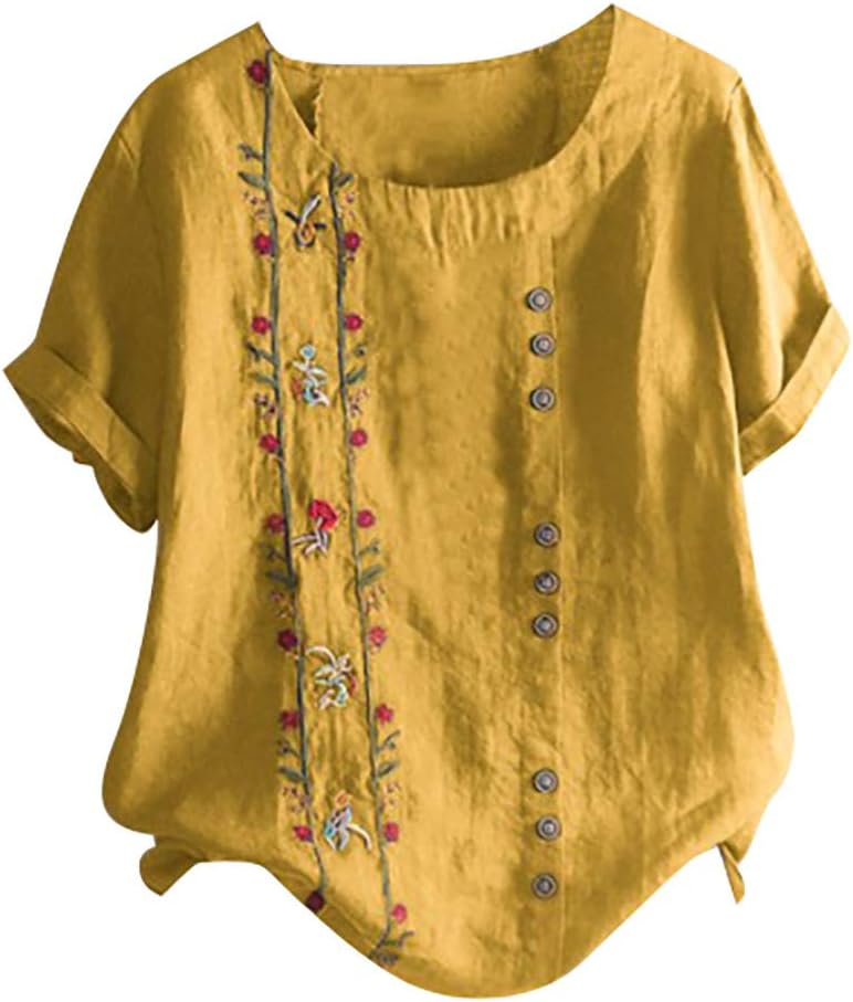 Read more about the article Linen Shirts for Women 2025 Summer Vintage Solid Color Short Sleeve Casual Oversized Round Neck Floral Graphic Tees