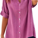 Linen Shirts for Women 2025 Summer Cotton Short Sleeve Button Down Blouses Casual Oversized Solid Color Tunic Tops