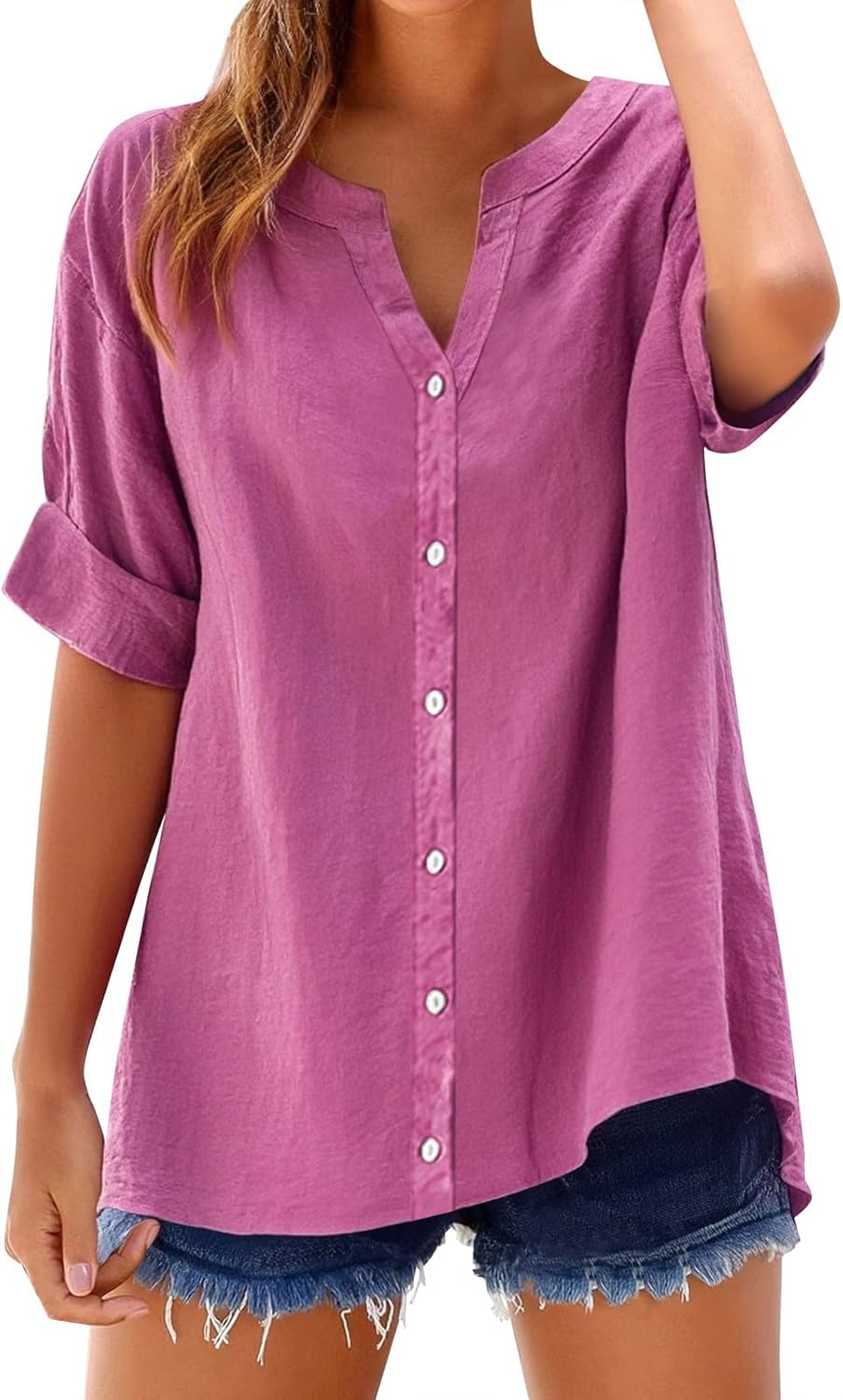 You are currently viewing Linen Shirts for Women 2025 Summer Cotton Short Sleeve Button Down Blouses Casual Oversized Solid Color Tunic Tops