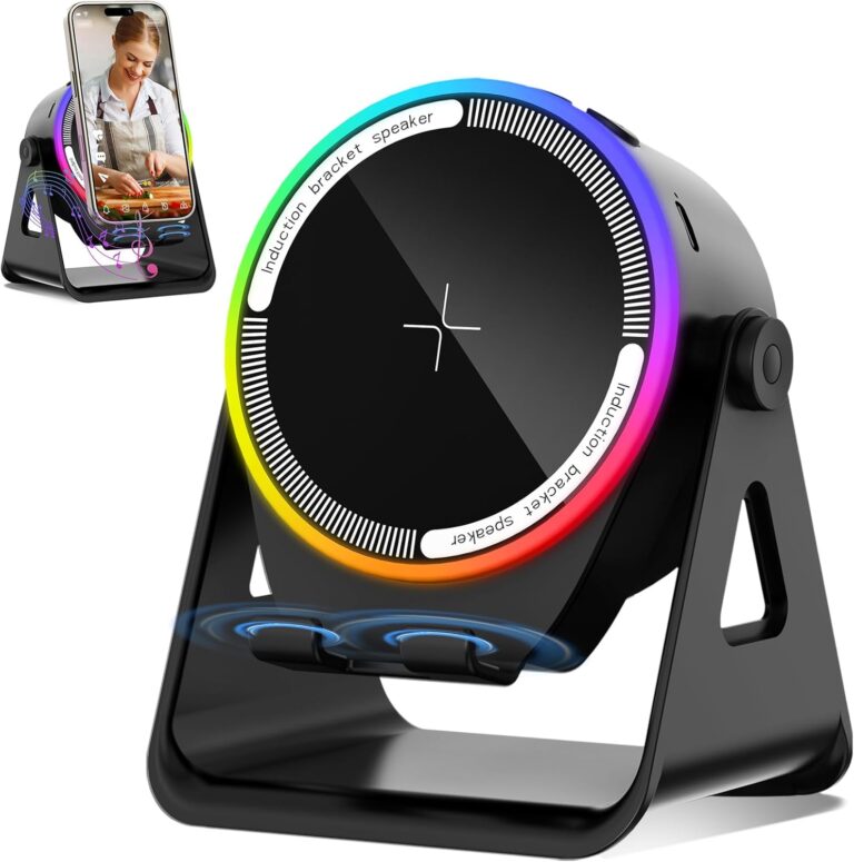 Read more about the article Wireless Induction Speaker, 5-in-1 Bluetooth 5.3 Phone Stand with 360° Rotation & RGB Ambient Light – Cool Tech Gadgets Gifts for Men Women Dad Mom – Compatible iPhone/Android/iPad/Samsung (Black)