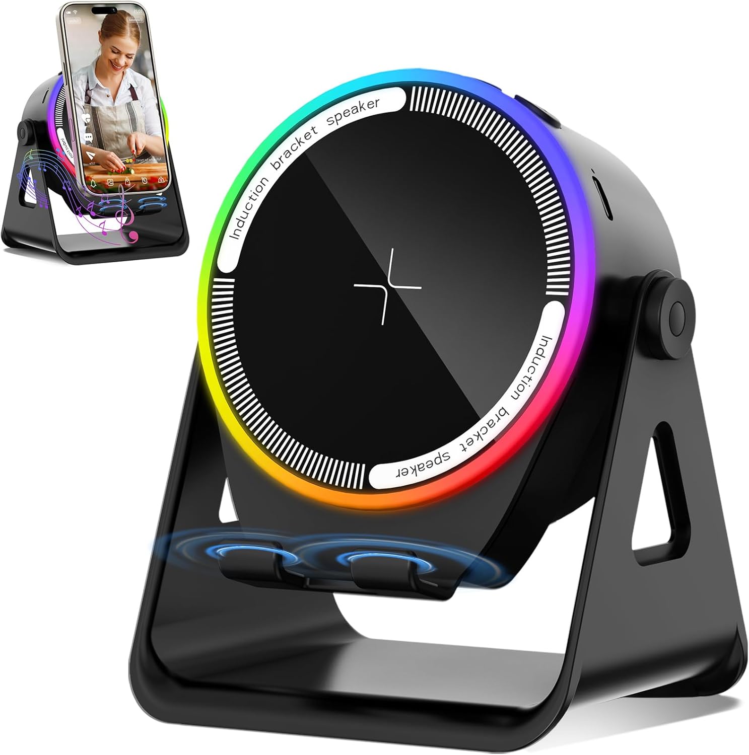 You are currently viewing Wireless Induction Speaker, 5-in-1 Bluetooth 5.3 Phone Stand with 360° Rotation & RGB Ambient Light – Cool Tech Gadgets Gifts for Men Women Dad Mom – Compatible iPhone/Android/iPad/Samsung (Black)