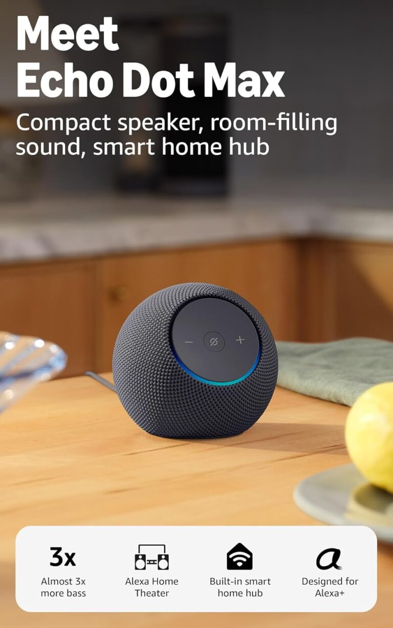 Read more about the article Amazon Echo Dot Max (newest model), Alexa speaker with room-filling sound and nearly 3x bass, Great for living rooms and medium-sized spaces, Designed for Alexa+, Graphite