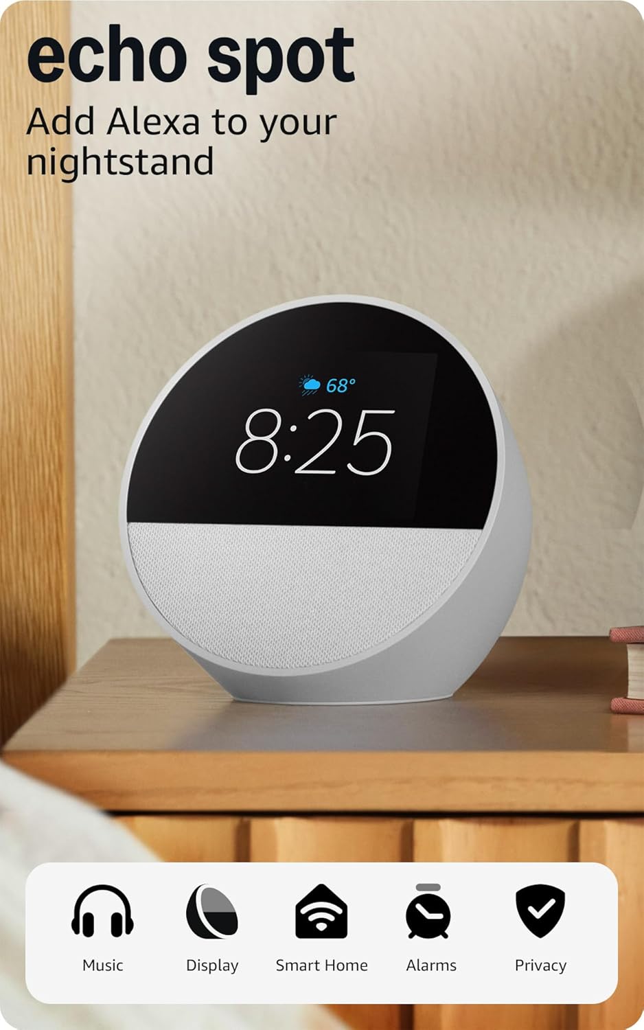 Read more about the article Amazon Echo Spot (newest model), Great for nightstands, offices and kitchens, Smart alarm clock, Designed for Alexa+, Glacier White