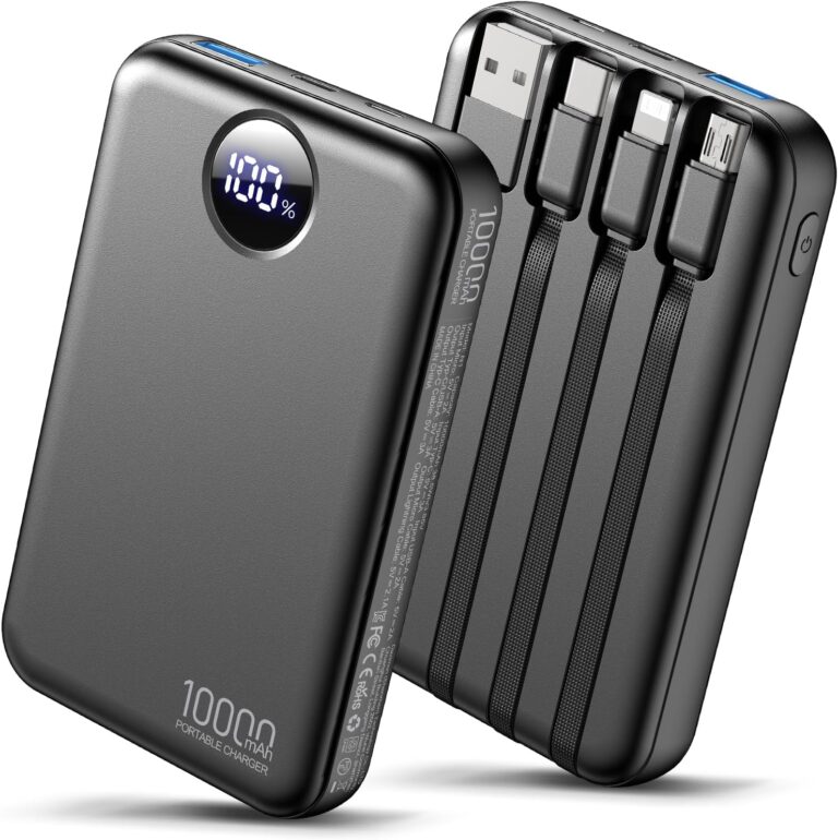 Read more about the article Power Bank 10000mAh Portable Charger with 4 Built-in Cables,LED Display Compact and Battery Pack with Multiple USB Ports All-in-One Travel Charger for iPhone,Android and Other Devices